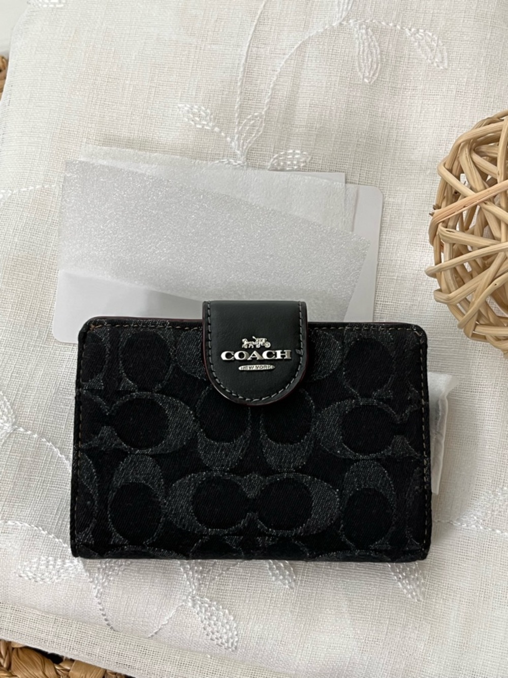 Coach Black Signature Trifold Wallet with Silver Logo Snap